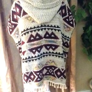 Southwestern Hooded Poncho Cardigan Fringe Knit Boho Western Sweater Jacket L NW